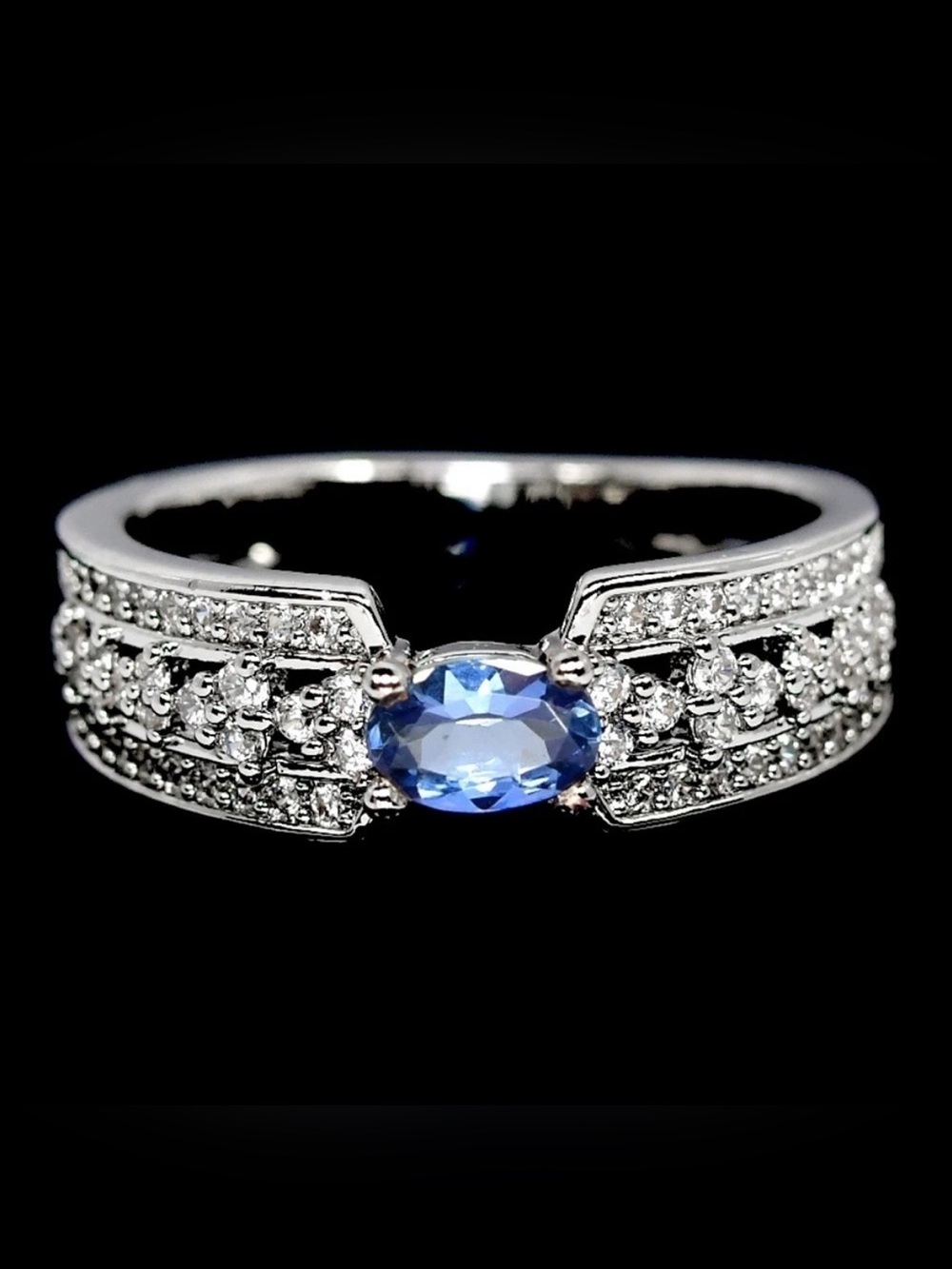 Natural Tanzanite .55Ct Oval w/ Zircon accent 925 Sterling Silver Ring Sz 6 & 8